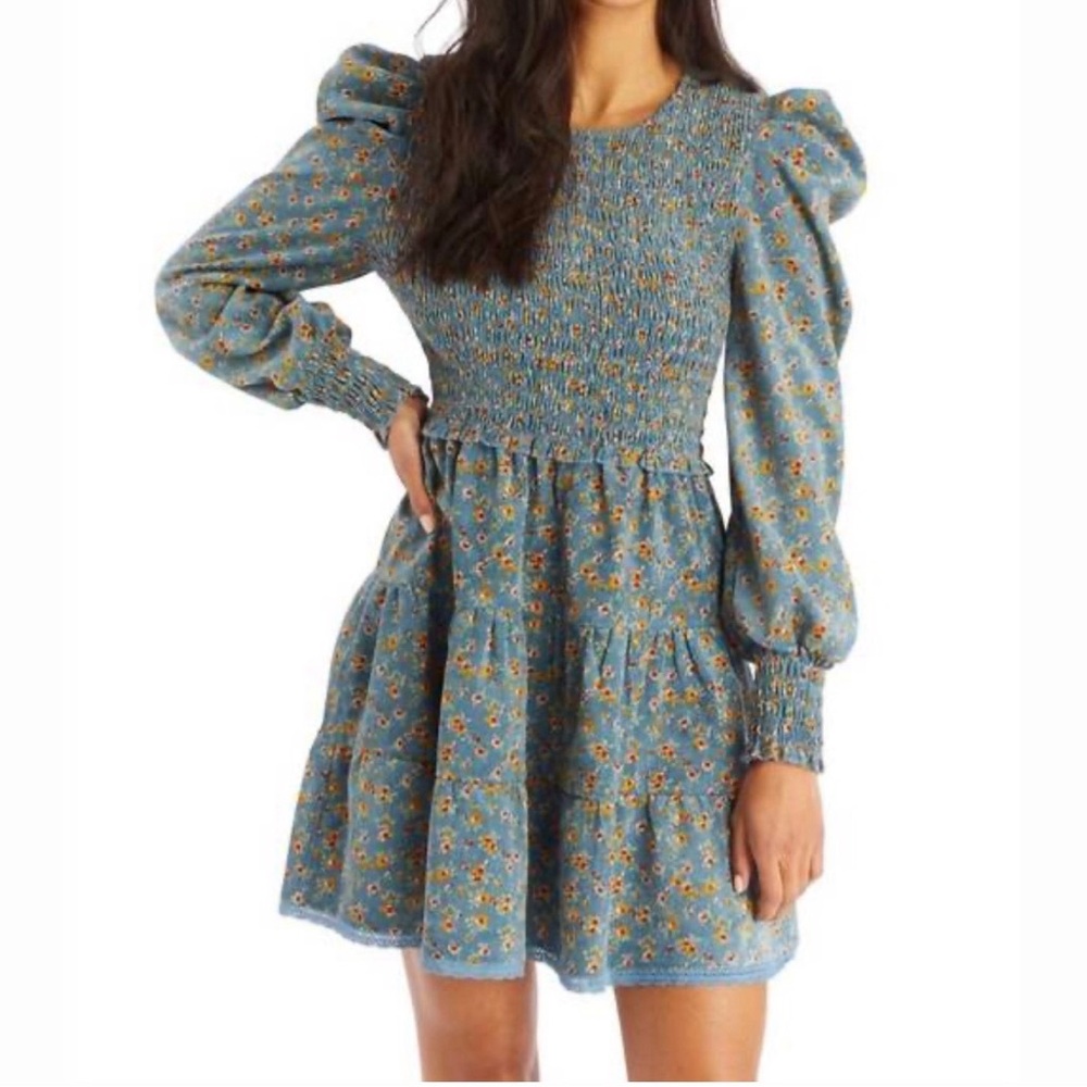ALLISON Nora corduroy mini dress in dusty blue floral size S